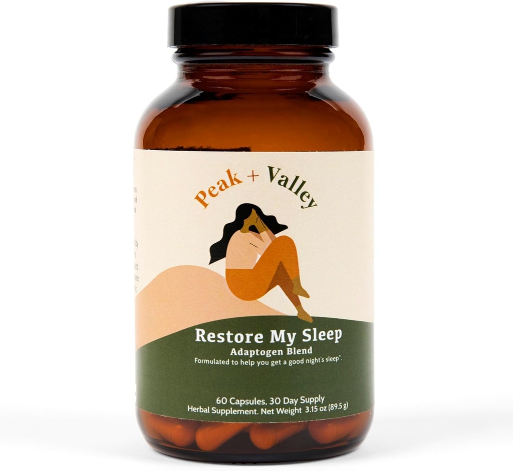 Peak + Valley Natural Sleep Aid til voksne - 60 kapsler til dyb søvn - 3 mg Melatonin, L Theanine, Kamille, Ashwagandha - Natural Herbal Sleeping Pills - Ekstra styrke Calming Sleep Aid