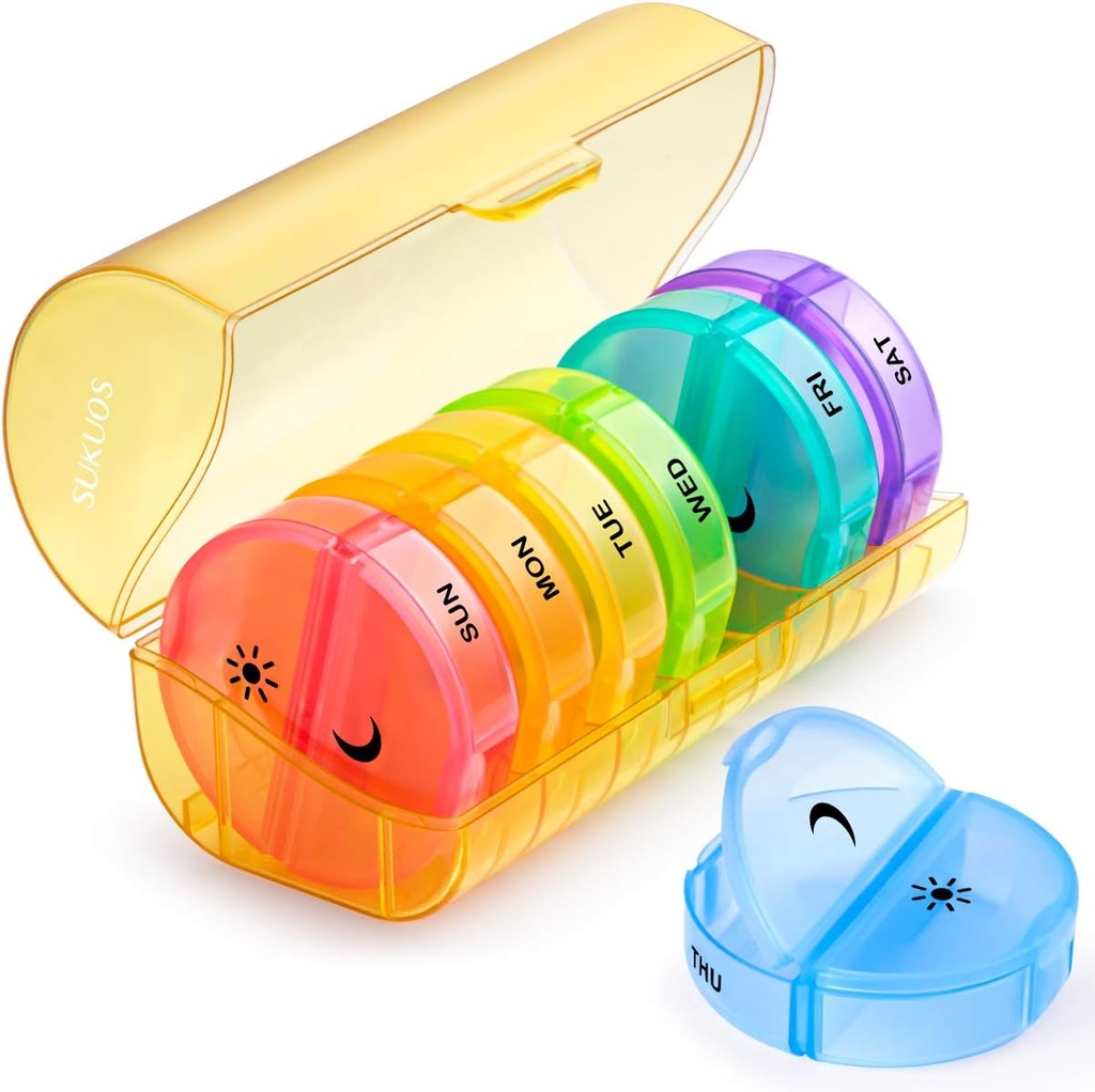 Sukuos Stor Ugentlig Pill Organizer 2 gange om dagen, Daily Pill Box 7 dag let at åbne med dobbelt beskyttelse, AM PM Pill sag for medicin / Vitamin / Fish Oil / Kosttilskud (gul)