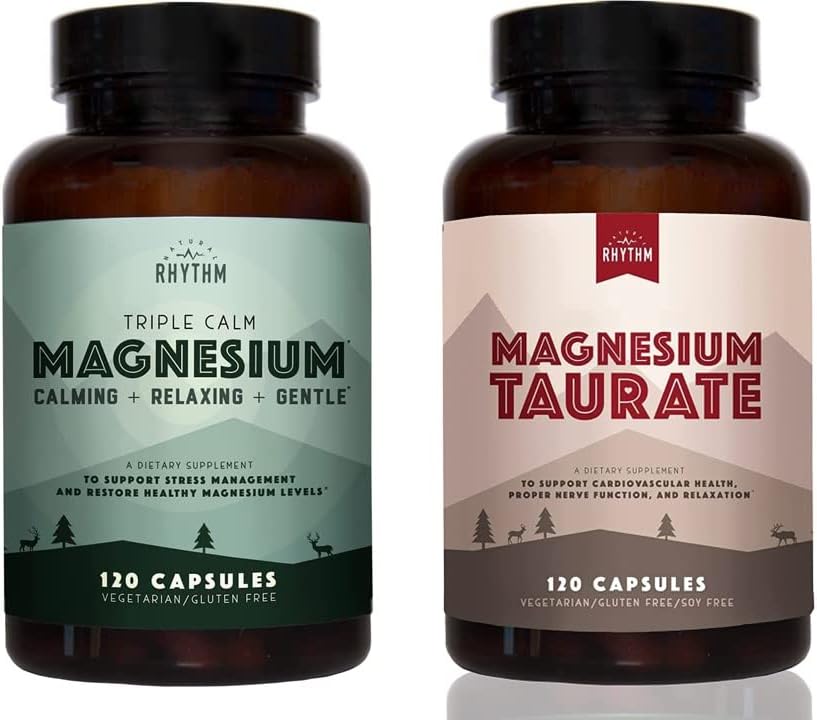 Natural Rhythm Day & Night Bundle - Triple Calm Magnesium 150mg, 120 Kapsler + Magnesiumtaurat 750mg (150mg Elemental Magnesium) 120 Kapsler