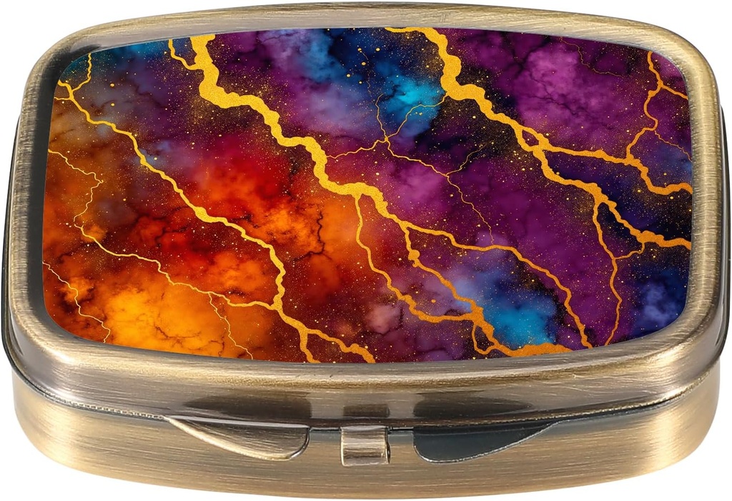 Dynippy Pill Case Pill Box med Spejl Retro Pocket 2 Compartment Medicine Case Vitamin Pill Organizer for Pocket Purse and Travel (A- Farverige Marmor Mønster)