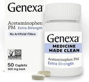 Genexa Clean Acetaminophen PM 500mg Extra Strength, Dye Free Pain Reliever, Nighttime Sleep Aid, Fever Reducer, 0% Artificial Additives, Relieves Headache, Backache, Minor Arthritis Pain, 50 Tablets