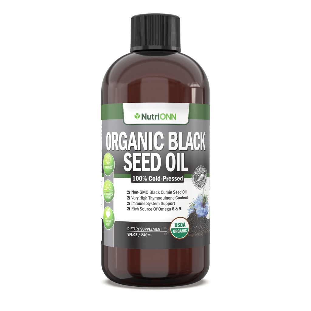 Organic Black Seed Oil - USDA Certified Organic Black Cumin Seed Oil Liquid - High Thymoquinone Content - Non-GMO og Cold- Pressed - Rich Source of OMEG- 6 & OMEG- 9 Fedtsyrer - 8 Oz
