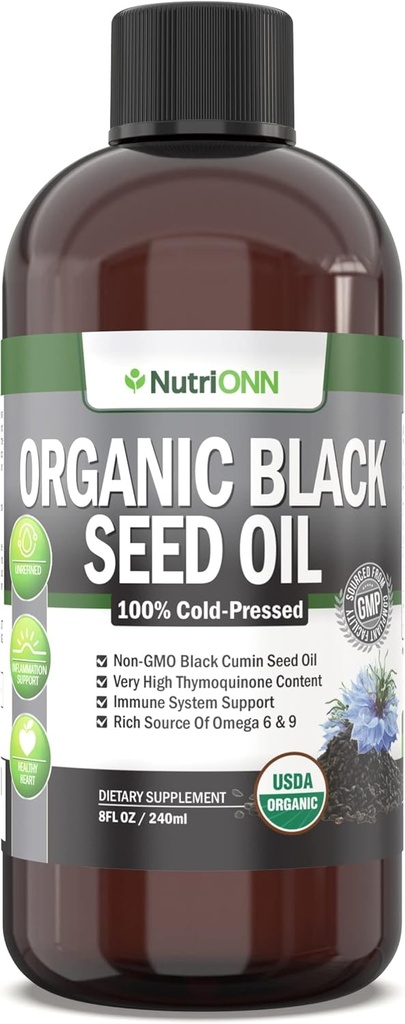 Organic Black Seed Oil - USDA Certified Organic Black Cumin Seed Oil Liquid - High Thymoquinone Content - Non-GMO og Cold- Pressed - Rich Source of OMEG- 6 & OMEG- 9 Fedtsyrer - 8 Oz