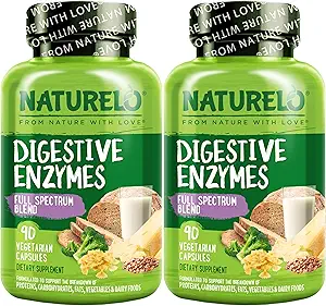 NATURELO fordøjelsesenzymer - Full Spectrum Support with a Broad Blend of 15 Enzymes Plus Ginger - 90 Vegan Kapsler (Pack of 2)