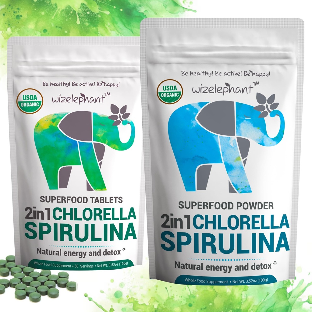 Chlorella Spirulina Powder Organic + Spirulina Chlorella Tablets against 124; Organic Measures 124; Rich in Chlorophyll Measure 124; Greens Superfood Powder & Tablets Bundle