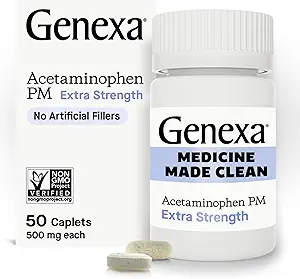 Genexa Clean Acetaminophen PM 500mg Extra Strength, Dye Free Pain Reliever, Nighttime Sleep Aid, Feber Reducer, 0% kunstige tilsætningsstoffer, Relieves Hovedpine, Backache, Minor Arthritis Pain, 50 tabletter