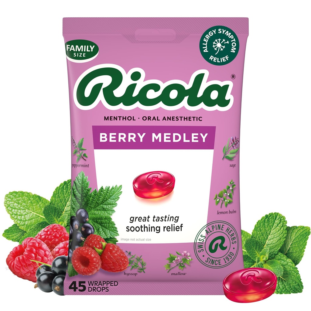Ricola Berry Medley Throat Drops, 45 Greve, Lækker Throat Relief & Care, Oral anestisk, naturligt tilsat smag