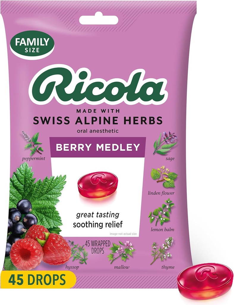 Ricola Berry Medley Throat Drops, 45 Greve, Lækker Throat Relief & Care, Oral anestisk, naturligt tilsat smag