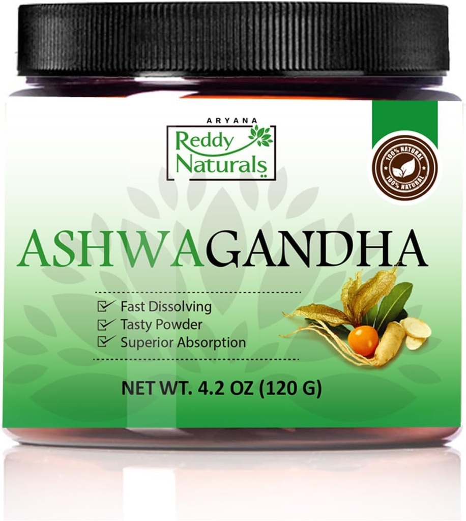 Reddy Naturals Aryana Pure Organic Ashwagandha Powder - Højpotens Root Extract med 10% Withanolides - Natural Orange Flavor for Stress & Energy Support - 4.2 OZ (120g)