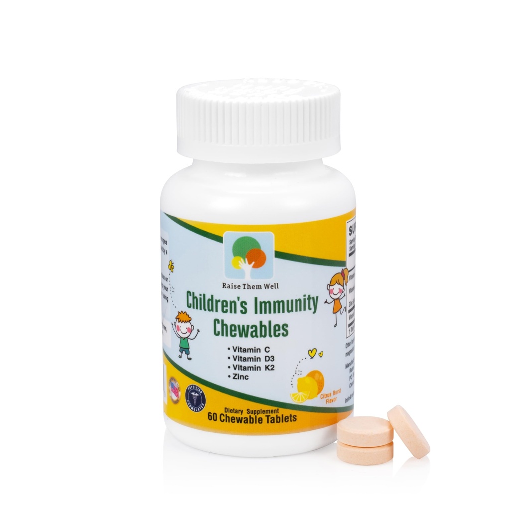 Hæv dem godt kids C-vitamin & immunforsvar, Citrus Chewables til børn, naturlige immunbooster med Zink & Elderberry + Kids Vitamin PDF, Læge Formuleret, 60 Tasty tabletter