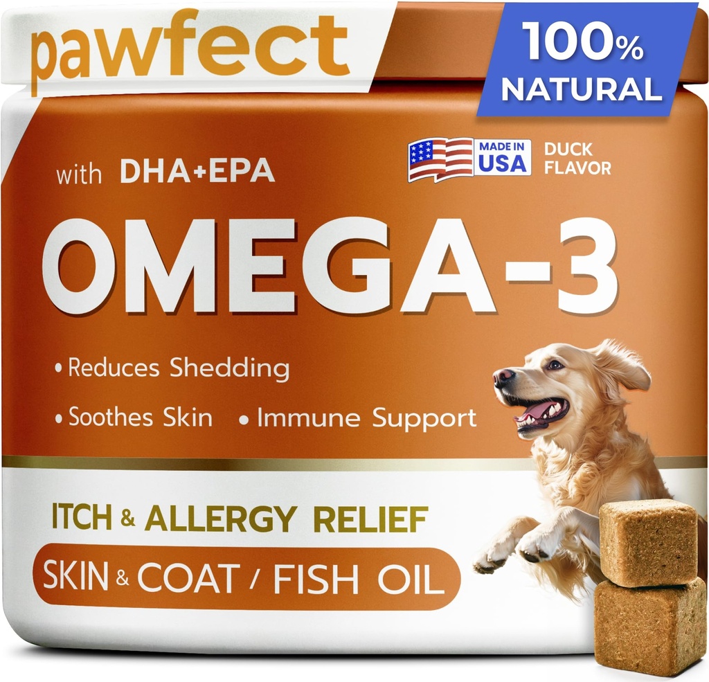PAWFEKTCHEW Fish Oil Omega 3 for hunde - Allergi Relief - Fælles sundhed - Itch Relief, Shedding - Hud og Coat Supplement - Alaska Salmon Oil Chews - Omega 3 6 9 - EPA & DHA fedtsyrer