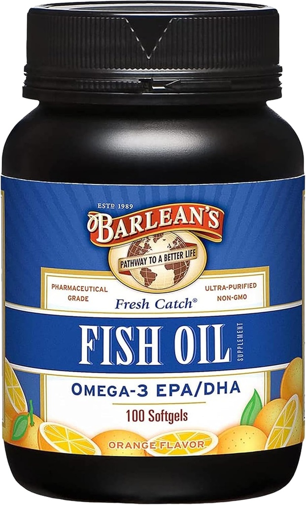 Barlean 's Omega 3 Fish Oil Kosttilskud, tillæg Softgel til mænd og kvinder, 600mg EPA og DHA fedtsyrer, Orange smag, 100 Greve