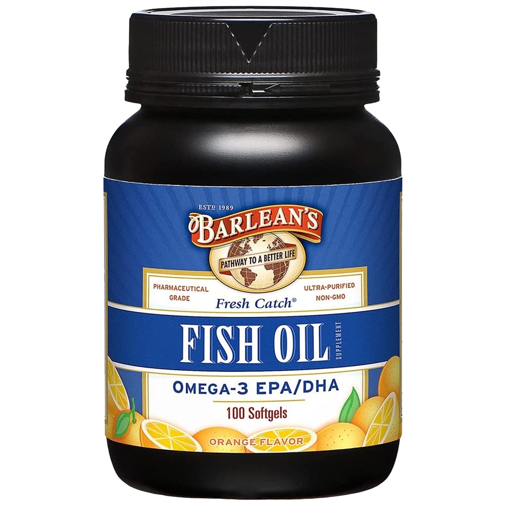 Barlean 's Omega 3 Fish Oil Kosttilskud, tillæg Softgel til mænd og kvinder, 600mg EPA og DHA fedtsyrer, Orange smag, 100 Greve