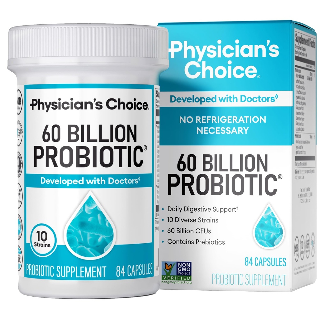 Lægens CHOICE Probiotika 60 Millioner CFU - 10 Strops + Organic Prebiotics - Immun, fordøjelsesbesvær & Gut Sundhed - Understøtter lejlighedsvis Forstoppelse, Diarré, Gas & Bloating - for kvinder & mænd - 84ct