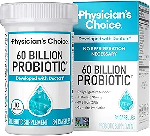 Lægens CHOICE Probiotika 60 Millioner CFU - 10 Strops + Organic Prebiotics - Immun, fordøjelsesbesvær & Gut Sundhed - Understøtter lejlighedsvis Forstoppelse, Diarré, Gas & Bloating - for kvinder & mænd - 84ct