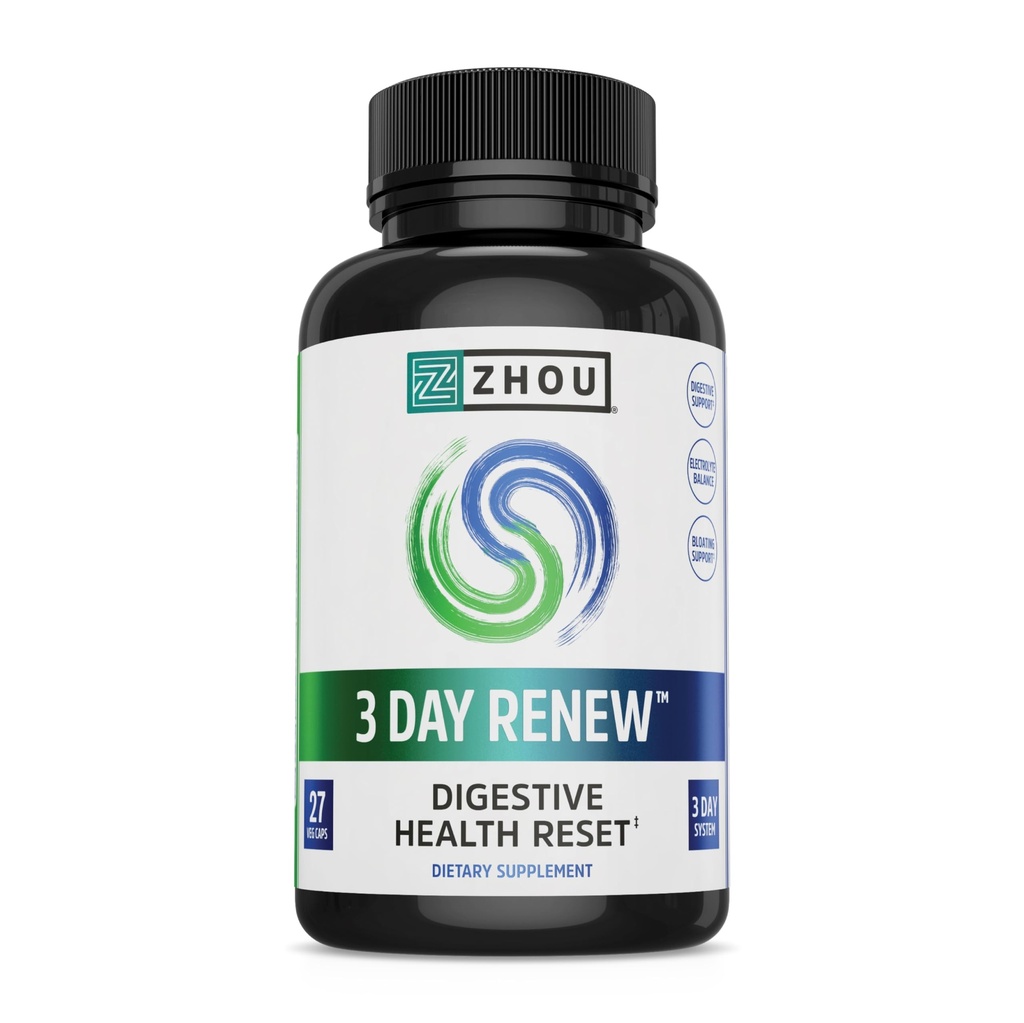 Zhou 3 Day Renew - Probiotika til fordøjelsessygdomme, Probiotika til mænd og kvinder, Gut Health & Natural Reset Support Supplement med Ingefær og Aloe - 27 Veg Caps
