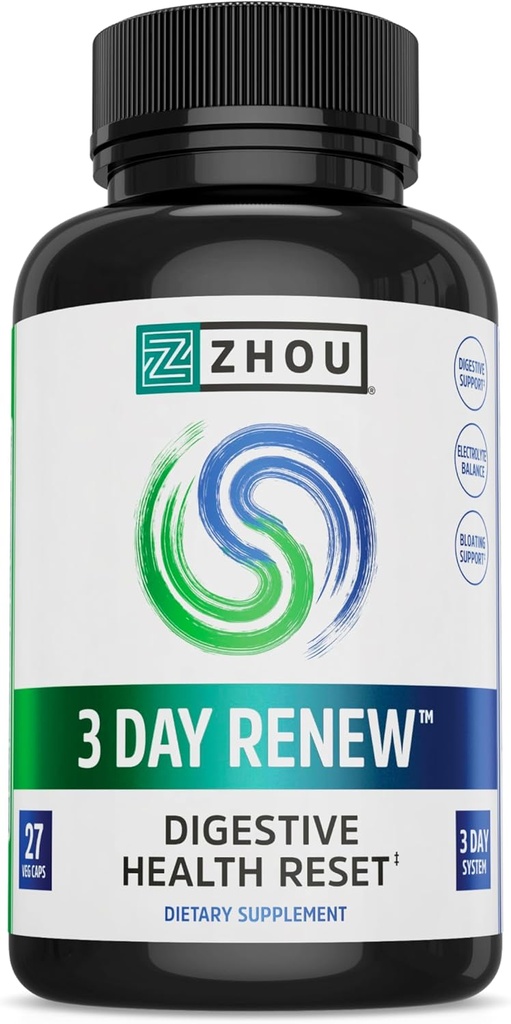 Zhou 3 Day Renew - Probiotika til fordøjelsessygdomme, Probiotika til mænd og kvinder, Gut Health & Natural Reset Support Supplement med Ingefær og Aloe - 27 Veg Caps