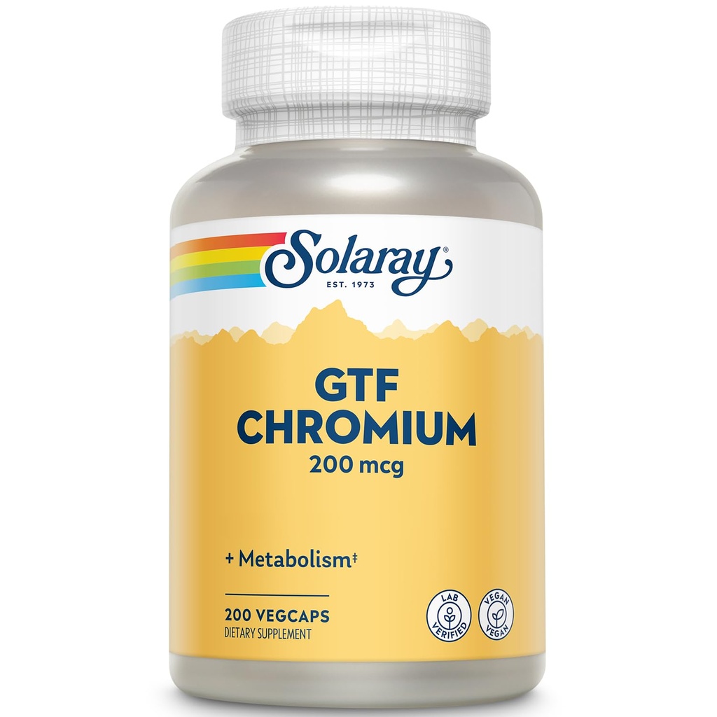 Solaray GTF Chrom 200mcg - Pure Chrom GTF 200 mcg tillæg, understøtter metaboliske funktion og hele kroppen sundhed for mænd og kvinder - 200 Veganske kapsler