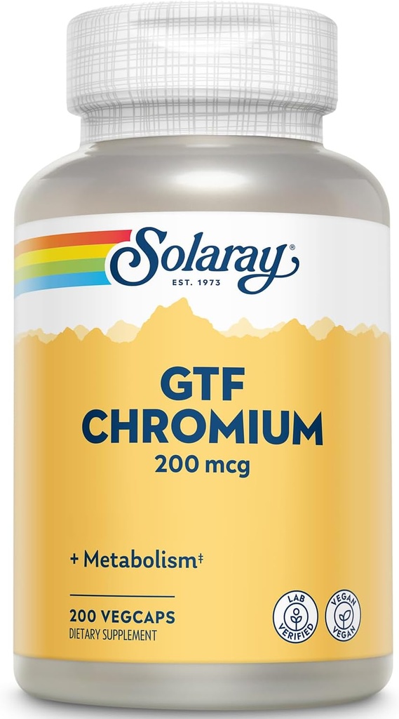 Solaray GTF Chrom 200mcg - Pure Chrom GTF 200 mcg tillæg, understøtter metaboliske funktion og hele kroppen sundhed for mænd og kvinder - 200 Veganske kapsler