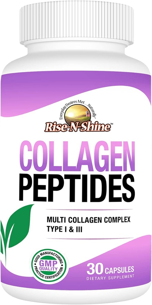 Rise-N-Shine Hydrolyzed Collagen Type I & III - Collagen Peptides Complex Supplements for Hair, Skin, Nails, & Joint Support - 30 Capsules (30-Day Supply)