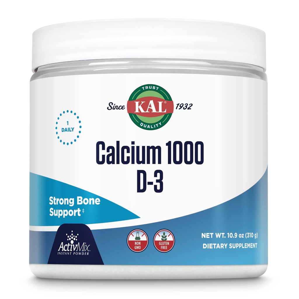 KAL Calcium Vitamin D-3 ActivMix, Powder Calcium Supplement, Biotilgængelig Calciumlactat og Gluconat, Knogletilskud, Unflavored, Non- GMO, Gluten Free, 60- Day Garanti, 31 Servere, 10.9 oz