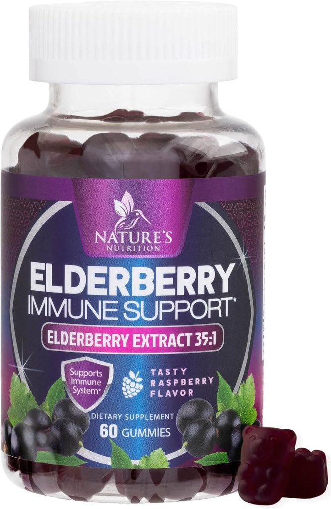 Elderberry Immunsupport Gummies - Super koncentreret 35: 1 Uddrag, Tilsvarende 4200mg af Elderberries - Sambucus Black Elder Berry Vitamin Supplement, Daglig støtte til børn og voksne - 60 Gummies