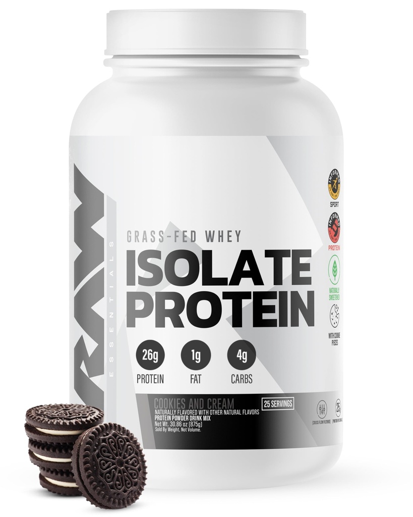 RAW Whey isolere protein pulver, Cookies N Cream - 100% Grass-Fed Sport Nutrition Protein Powder for muskel vækst & inddrivelse - Low- fedt, lav Carb, naturligt aromatiseret & sødet - 25 Servere