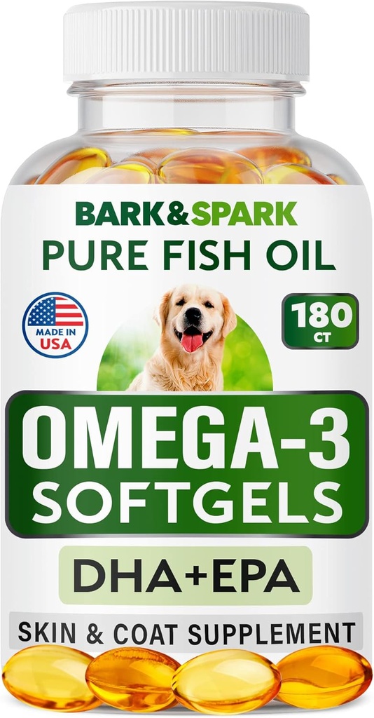 BARK & SPARK Omega 3 til hunde - 180 Fish Oil Softgel til hunde, hudallergi, Itch Relief, Hot Spots Treatment - Fælles sundhed - Hud og Coat Supplement - EPA & DHA fedtsyrer - Lakseolie
