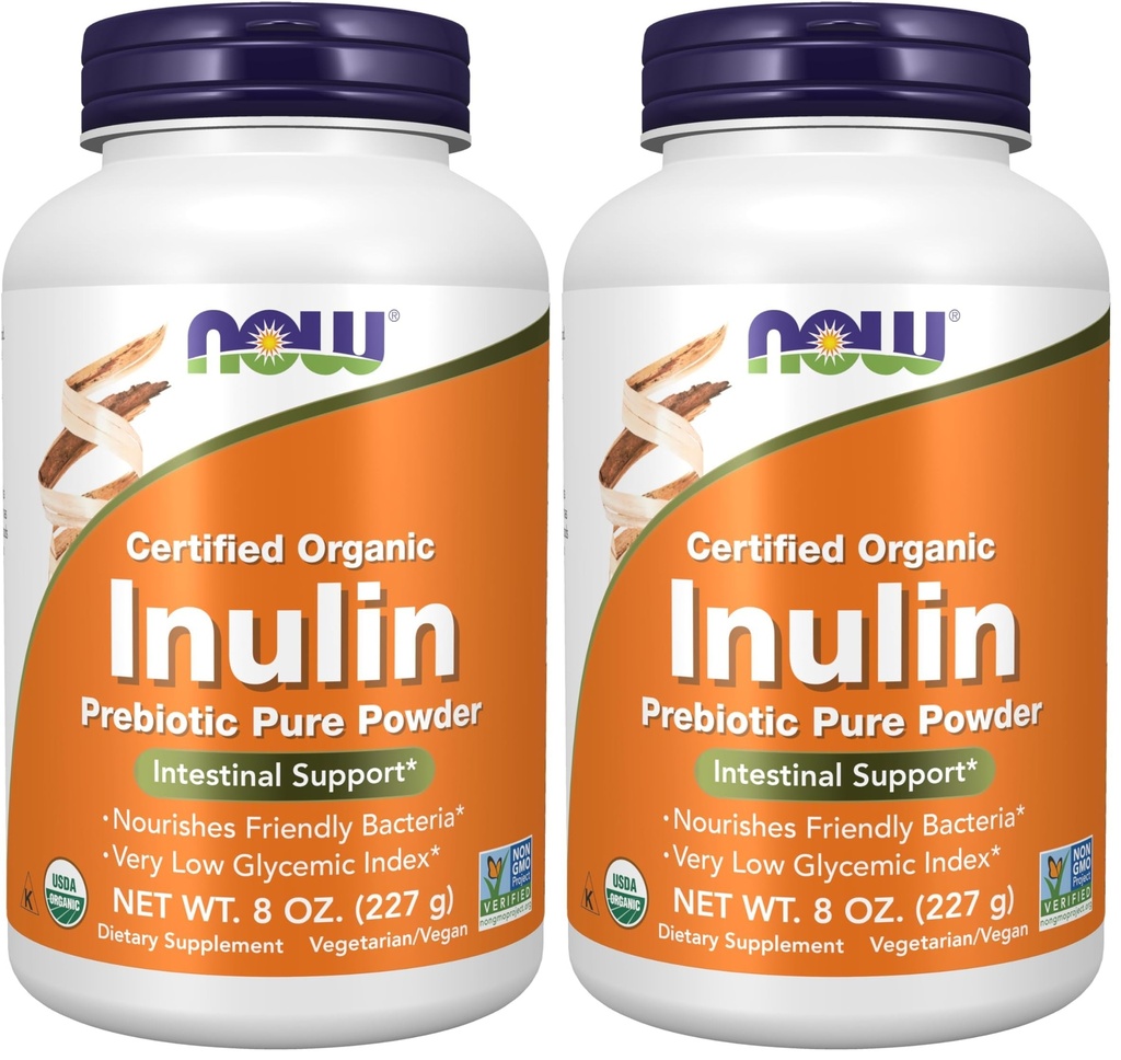 Now Supplements, Inulin Prebiotic Pure Powder, Certified Organic, Non- GMO Project Verified, Intestinal Support *, 8 - Ounce (pakke med 2)