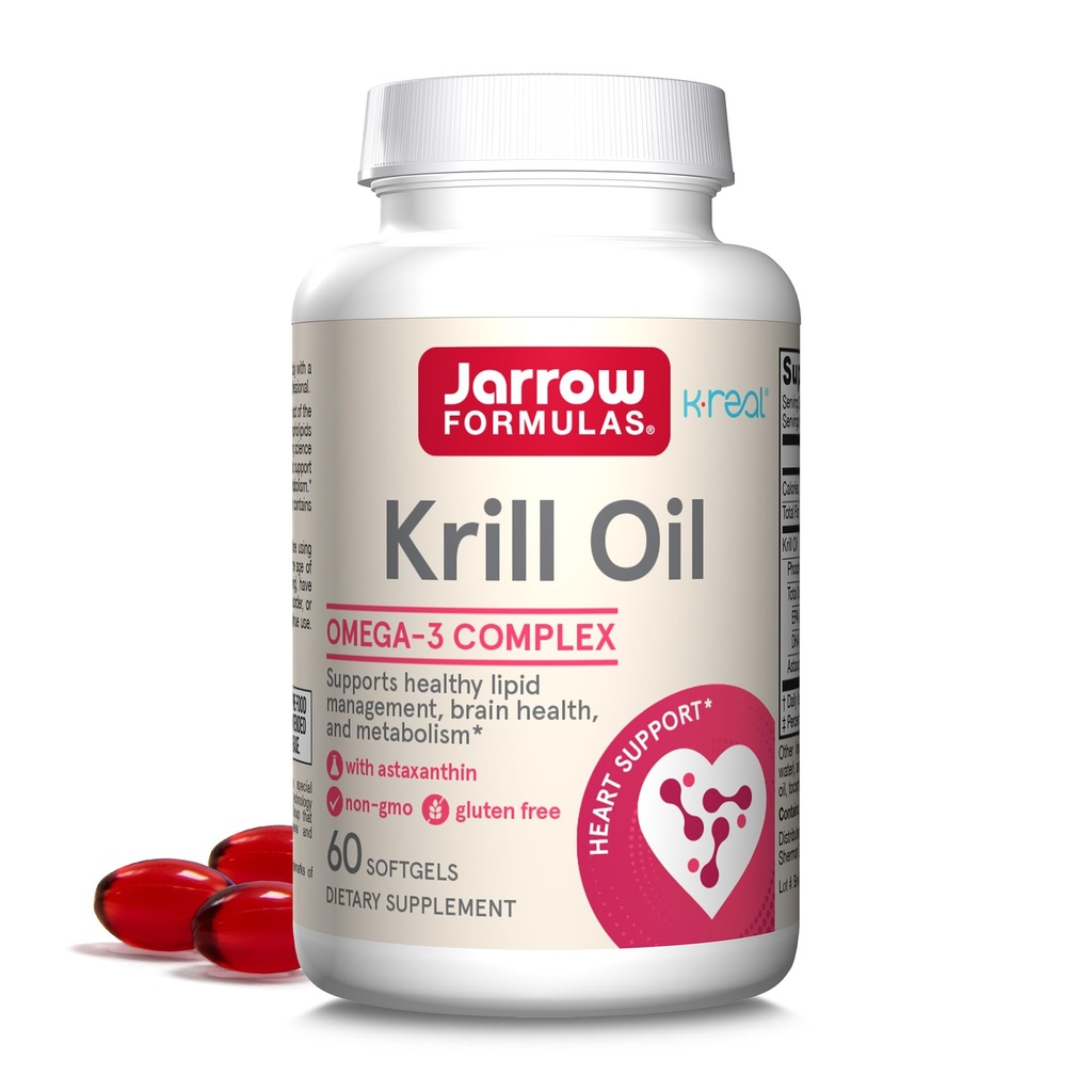 Jarrow Formulas Krill Oil - Phospholipid Omega-3 Complex med Astaxanthin - 60 Softgels - 30 Servere - Understøtter Lipid Management, Metabolisme, Brain & Heart Health - EPA & DHA - Gluten Free - Non- GMO