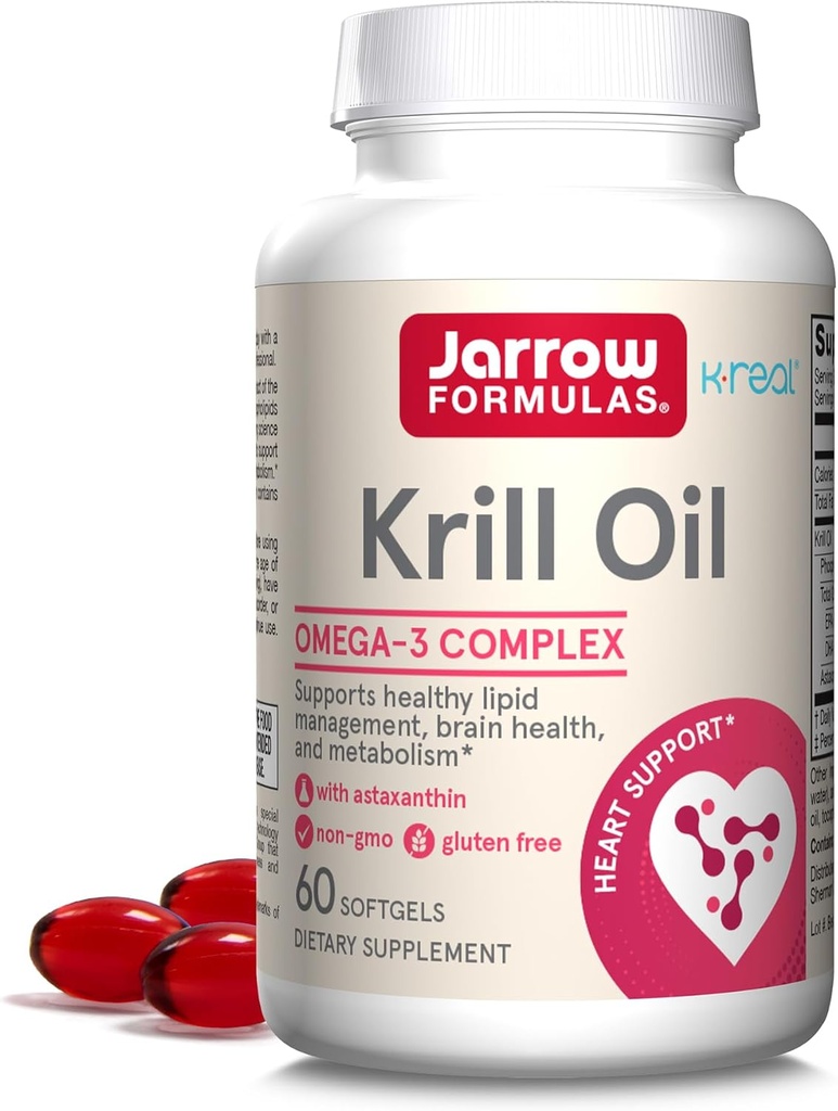 Jarrow Formulas Krill Oil - Phospholipid Omega-3 Complex med Astaxanthin - 60 Softgels - 30 Servere - Understøtter Lipid Management, Metabolisme, Brain & Heart Health - EPA & DHA - Gluten Free - Non- GMO