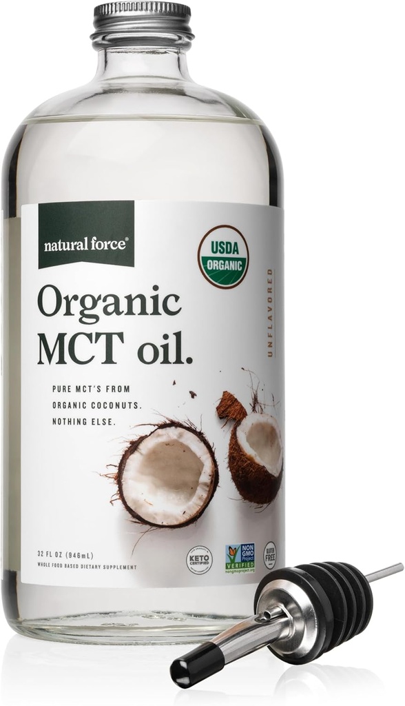 Natural Force Organic MCT Oil - Pure Glass Flaske - Lab Testet for kvalitet og renhed - 32 Ounce