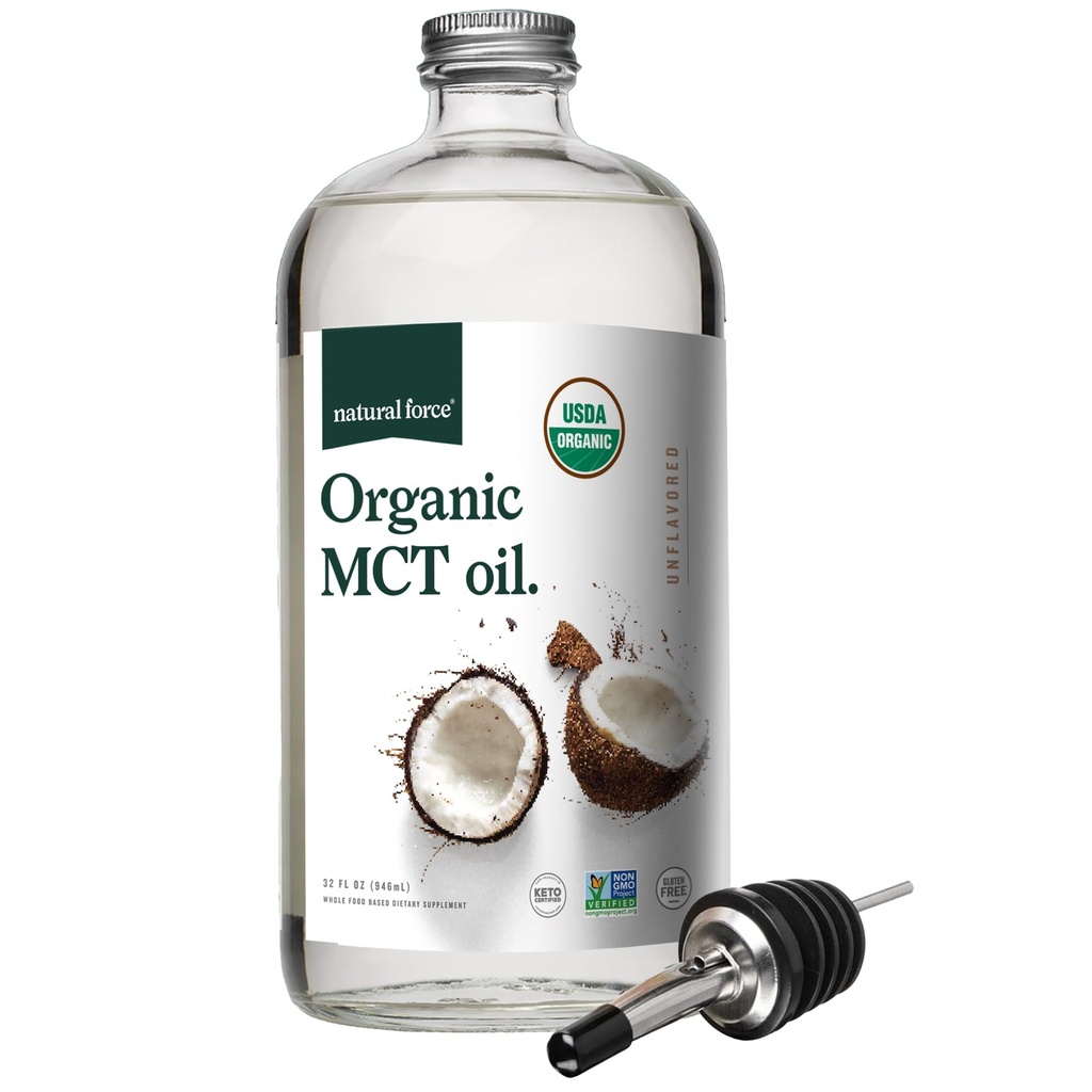 Natural Force Organic MCT Oil - Pure Glass Flaske - Lab Testet for kvalitet og renhed - 32 Ounce