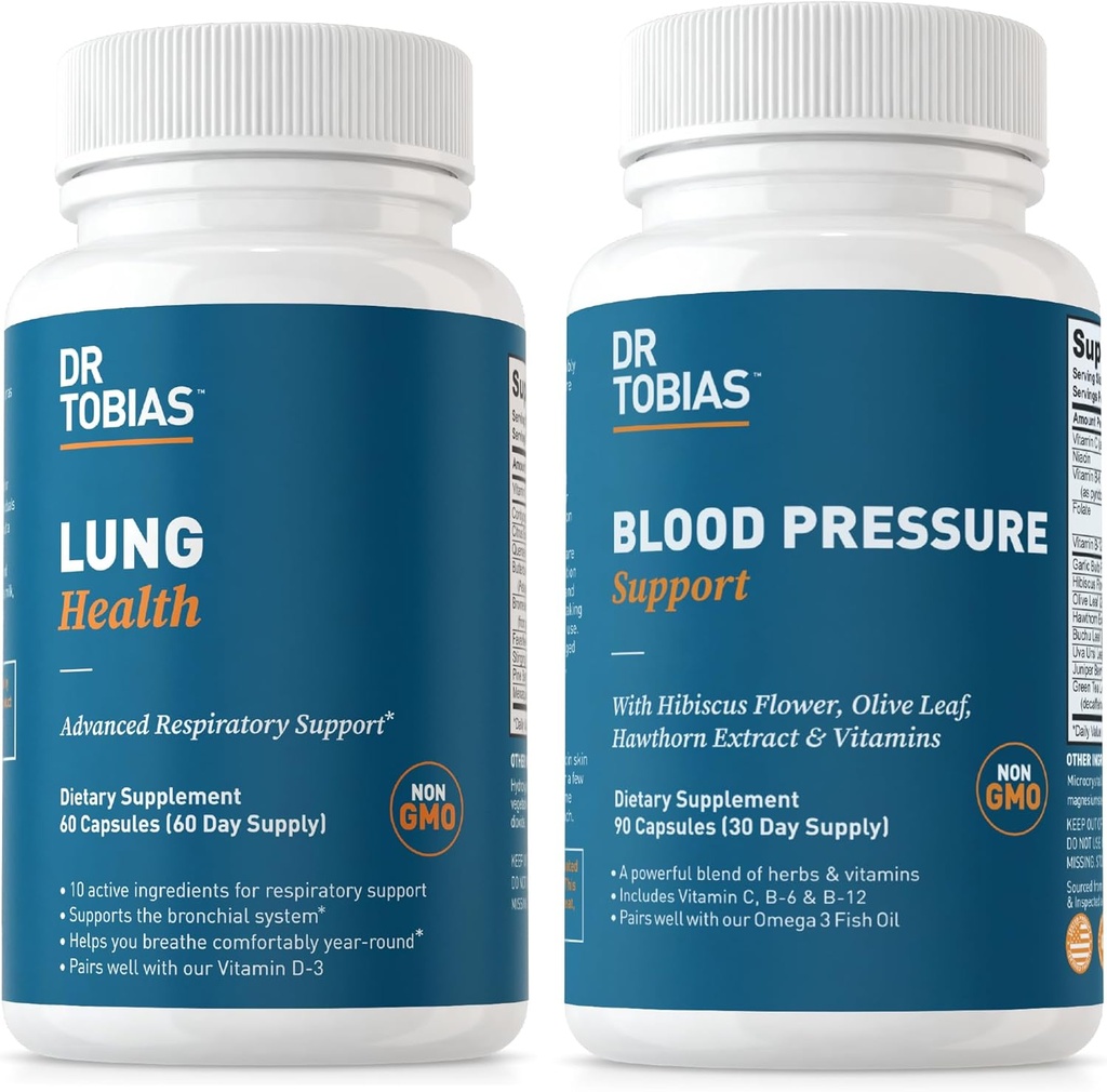 Dr. Tobias Lung Health & Blood Pressure Support Support, Lung Cleanse & Detox, Understøtter Normal Circulatory Health med C-vitamin, B6, B12, Nicin, Folate