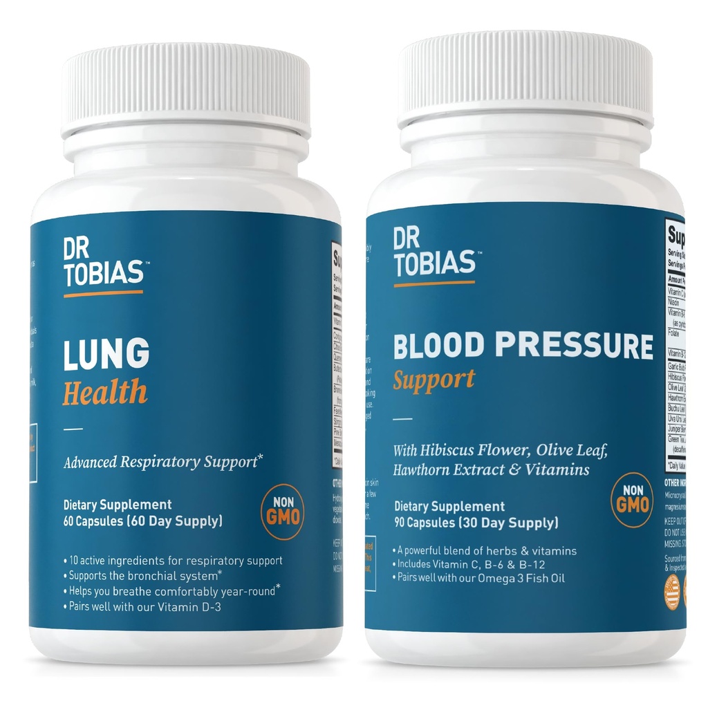 Dr. Tobias Lung Health & Blood Pressure Support Support, Lung Cleanse & Detox, Understøtter Normal Circulatory Health med C-vitamin, B6, B12, Nicin, Folate