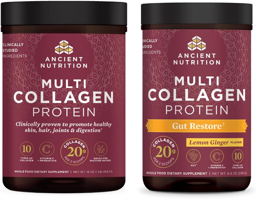 Ancient Nutrition Multi Collagen Protein Powder, Unflavored, 45 Servere + Multi Collagen Protein Powder, Gut Restore, 20 Servere