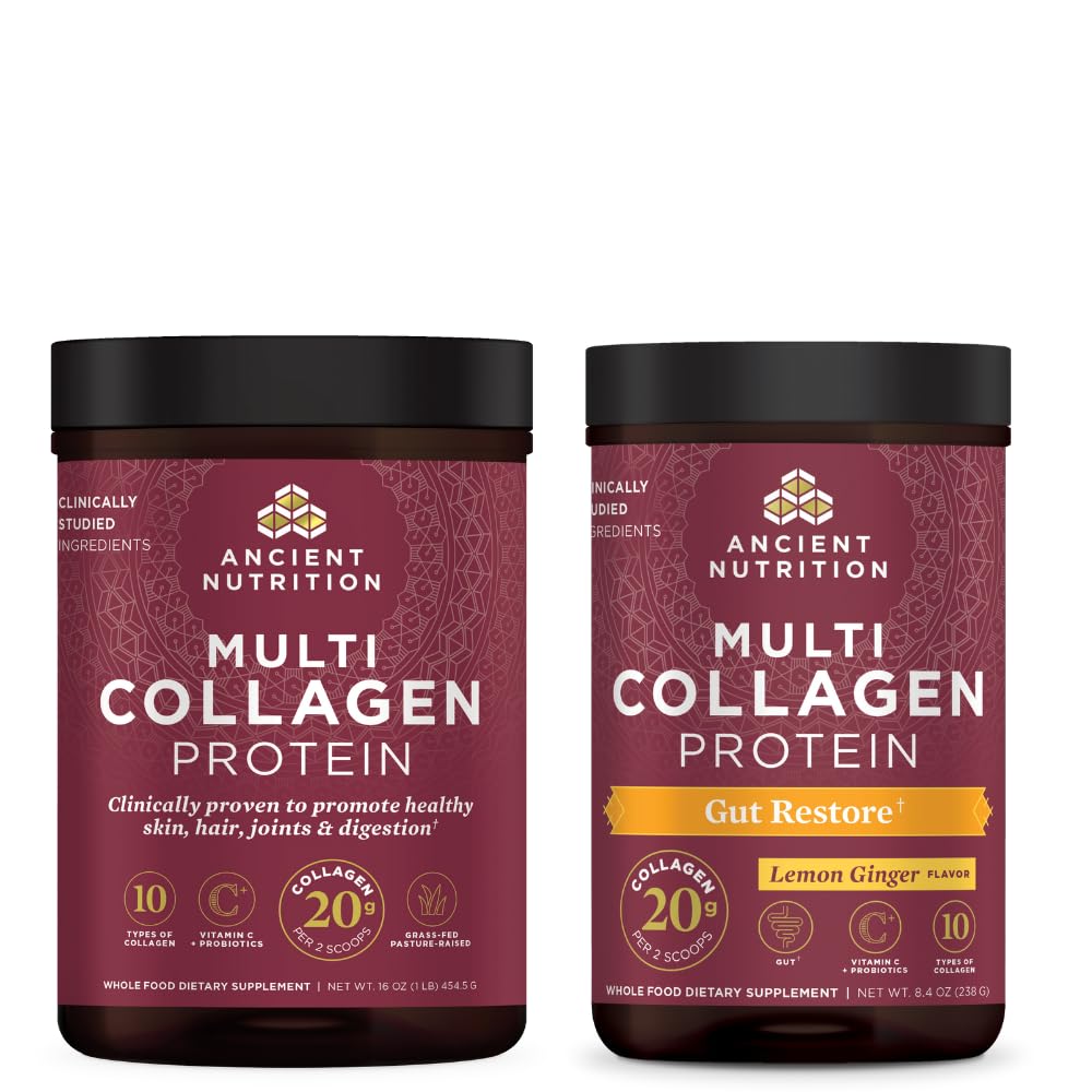 Ancient Nutrition Multi Collagen Protein Powder, Unflavored, 45 Servere + Multi Collagen Protein Powder, Gut Restore, 20 Servere