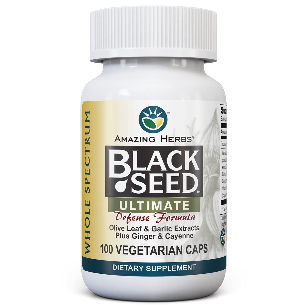 Amazing Herbs Whole Spectrum Black Seed Ultimate, Vegetariske Kapsler - Olive Leaf & Hvidløg Ekstrakter Plus Ginger & Cayenne, Gluten Free, Non GMO, Vegan - 100 Greve
