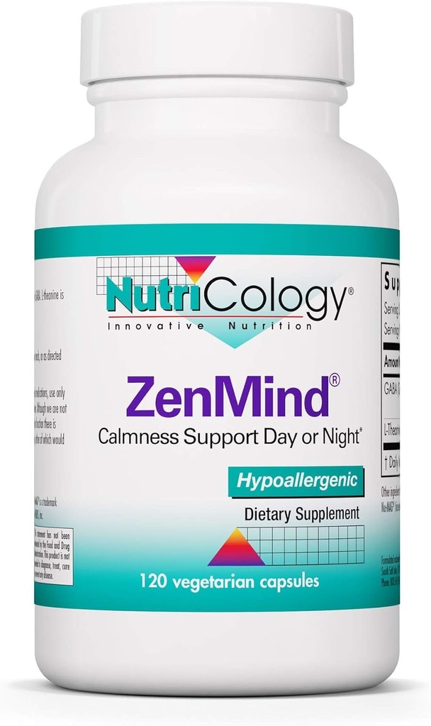 Nutricology ZenMind supplement - Calmness Support, Dag eller nat, GABA, L-Theanin, Hypoallergen, Vegetariske Kapsler - 120 Tæl