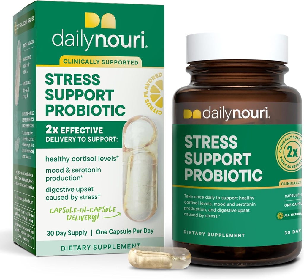 Daglig Nouri Stress Support Probiotisk for kvinder & mænd; Understøtter Cortisol Management, Stress Relief, Mood, fordampning & Gut Health