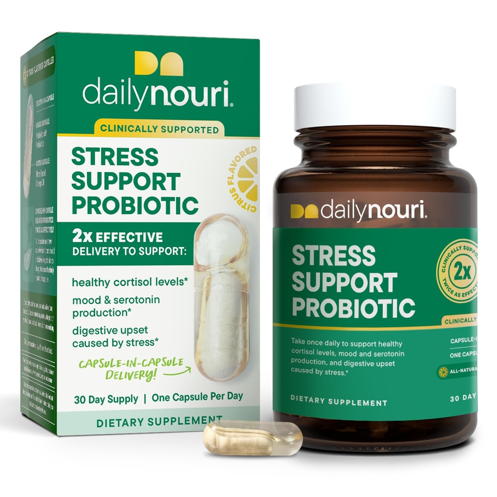 Daglig Nouri Stress Support Probiotisk for kvinder & mænd; Understøtter Cortisol Management, Stress Relief, Mood, fordampning & Gut Health