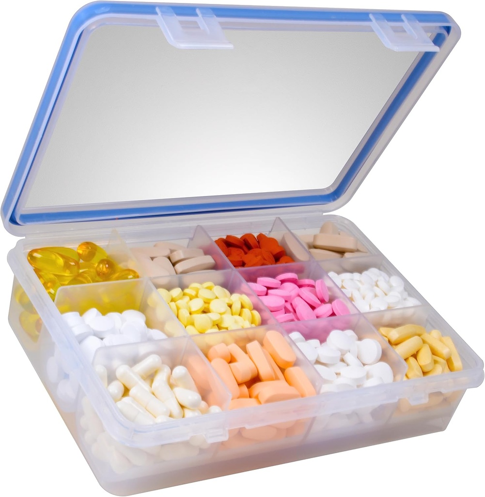GMS 12 Segment Vitamin Pill Organizer - Stor størrelse egnet til flere kosttilskud & tabletter - Sikker design med nem låsning Lid - Medicin Kabinet Organizer & Ideel til rejser