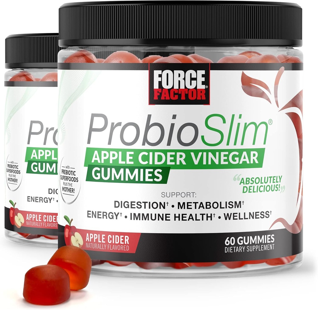FORCE FACTOR ProbioSlim Apple Cider Vinegummi, 2-Pack, med Organic Apple Cider Vinegummi og LactoSpore Probiotika og Prebiotika til støtte fordøjelse, Metabolisme, og immunsundhed, 120 Gummies