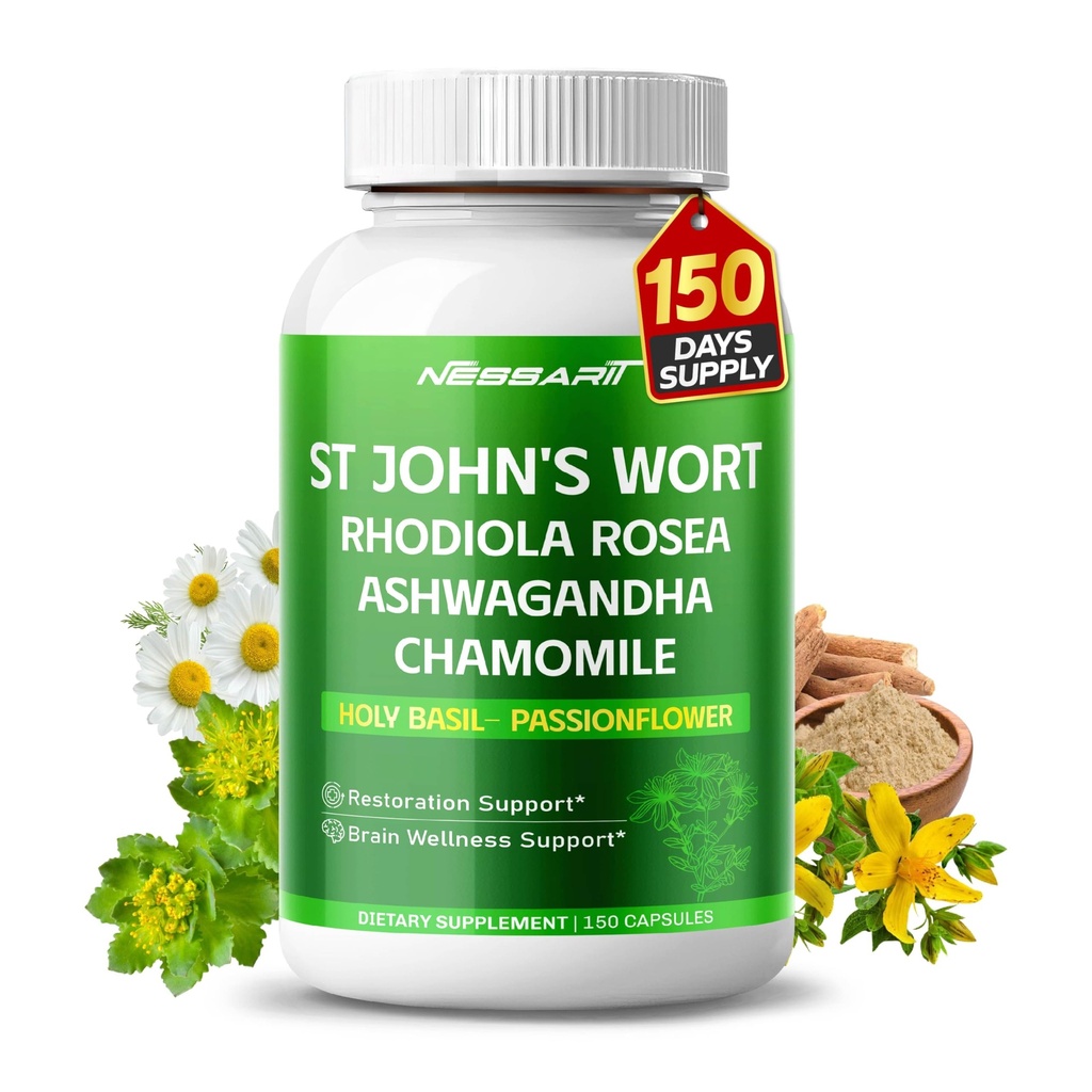ST John 's Wort 14- in-1 Natural Blend med Rhodiola Ashwagandha Kamille Holy Basil L- Theanine Valerian Passionflower - 150 Greve - Made & Testet i USA