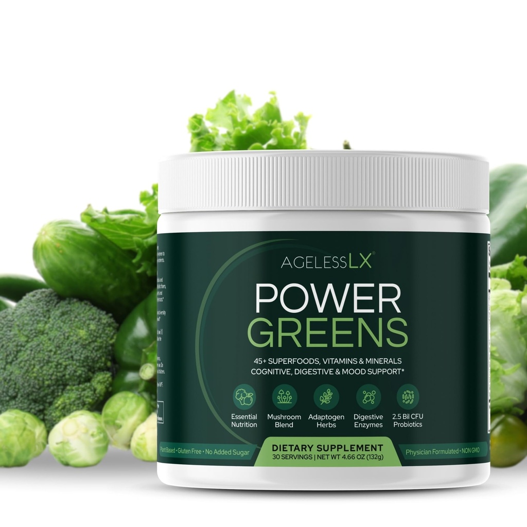 AgelessLX Power Greens, 42 Superfood med Probiotika, Enzymer, og Prebiotic Fiber for forbedret energi, Immunitet & fordøjelsessygdomme, 30 Servere