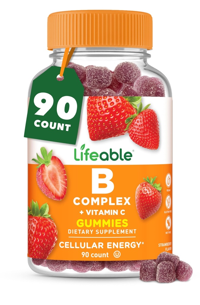 Levende B-vitamin Complex Gummies for voksne; med C-vitamin 124; Great Tasting B-vitamin Gummies 124; for energi og nerve system; 124; Vegan B Complex Vitamin for kvinder, Mænd 124; 90 Gummies