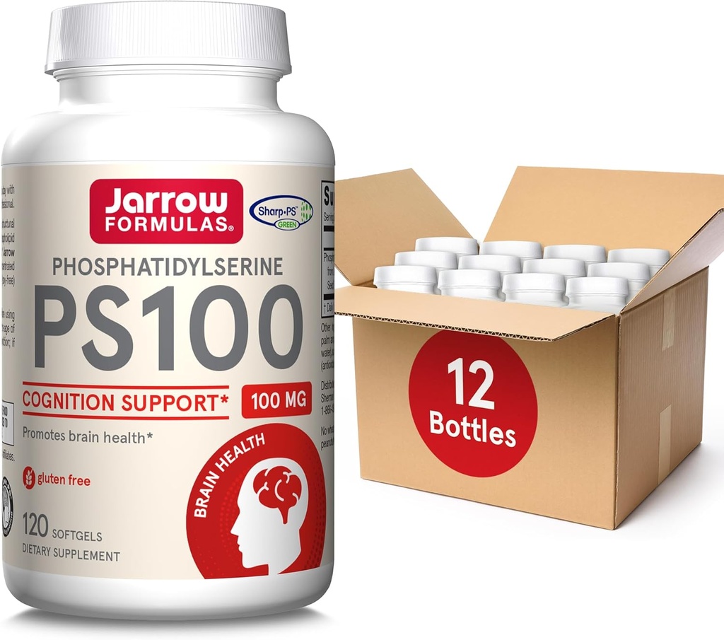 Jarrow Formulas PS100 Phosphatidylserin 100 mg, Kosttilskud til hjerne sundhed og kognition, 120 Softgels, 40- 120 Day Supply, Pack of 12