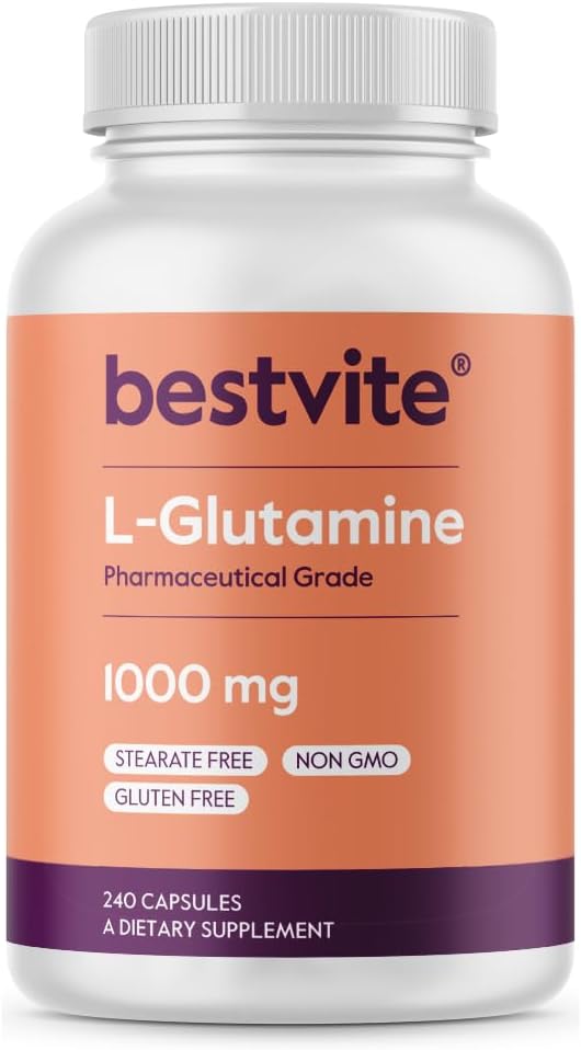 BESTVITE Filler- Free L- Glutamin 1000mg per kapsel (240 kapsler) - Free Form - No Stearates - Gluten Free - Non GMO - Pure L Glutamin Supplement - Maksimal styrke Glutaminkapsler