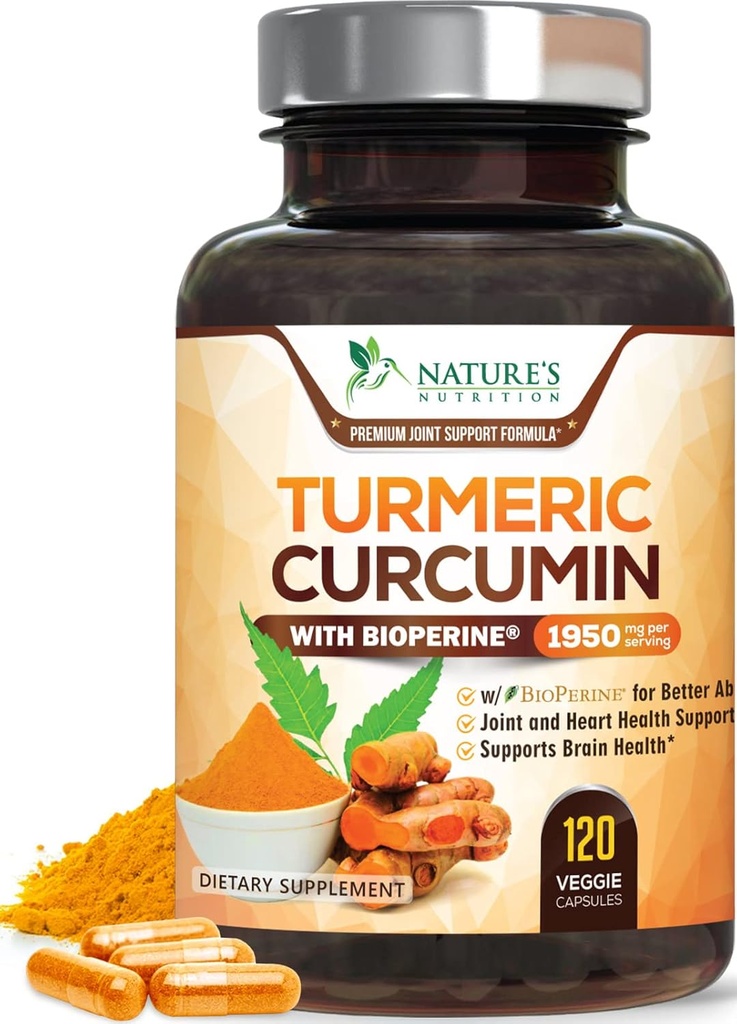 Gurkemeje Supplement 1950mg - 95% Curcuminoider med Økologisk gurkemeje & BioPerine Black Pepper Extract for Best Absorption, Nature 's Vegan Joint Support, Non- GMO, Flasket i USA - 120 Kapsler