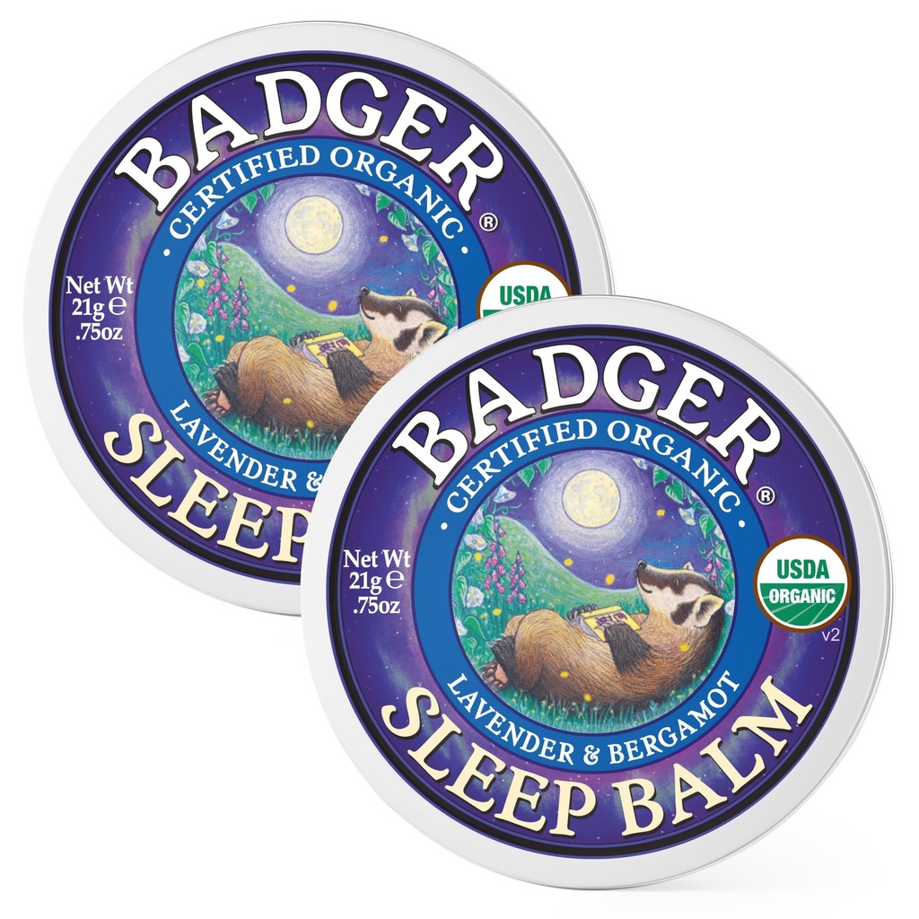 Badger Sleep Balm, Organic Essential Oil Aromaterapi Natural Sleep Balm for voksne & Børn, Afslappende & Calming Lavender & Bergamot Natural Sleep Support, .75 oz Tin, 2- Pack